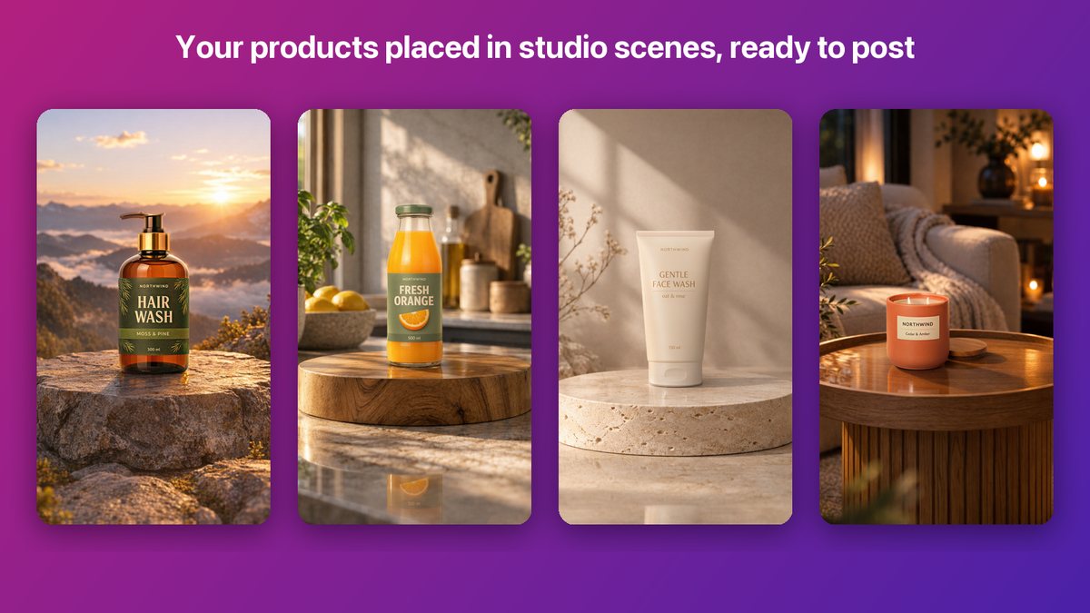 Four store products placed in studio scenes, ready to post