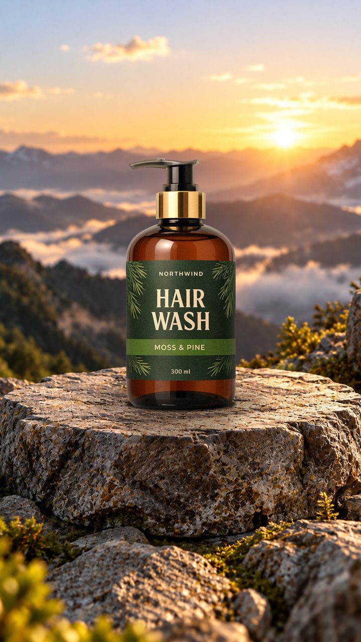 The same product in a mountain sunset studio scene
